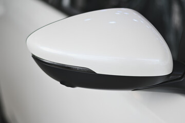 A white and black side-view mirror of a car.