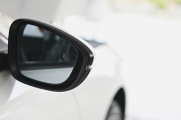 A white and black side-view mirror of a car.