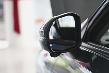 A white and black side-view mirror of a car.