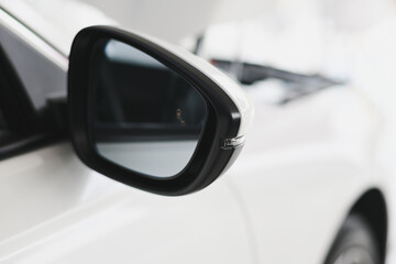 A white and black side-view mirror of a car.