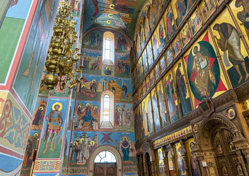 Iconostasis with paintings inside Nikolo Vasilyevsky Monastery, Donetsk Oblast, Nikolskoye, Ukraine