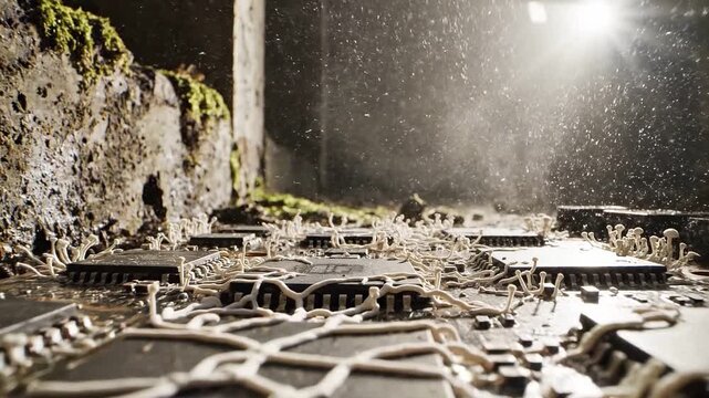 Circuit board with fungi growth illuminated by dramatic lighting