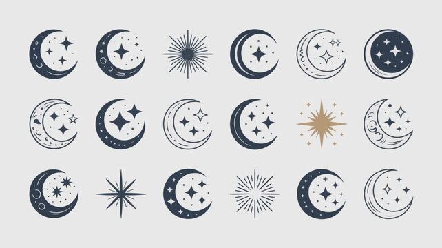 A collection of celestial designs showcasing various phases of the moon stars and sunbursts in a minimalist style high quality professional detailed modern elegant stylish clean