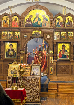 Priest performing a religious service in Nikolo Vasilyevsky Monastery, Donetsk Oblast, Nikolskoye, Ukraine