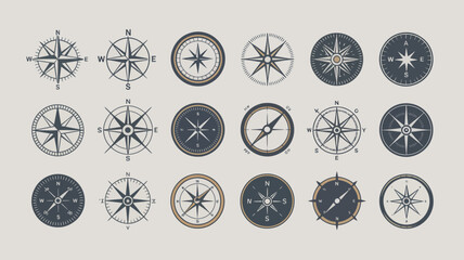 A collection of nine compass rose illustrations are displayed against a light gray background showing variations in style and detail high quality professional detailed modern elegant © Ultimate