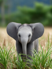 Fototapeta premium Baby elephant field grass nature wildlife young animal outdoors cute big ears standing green mammal safari natural habitat peaceful trunk wild