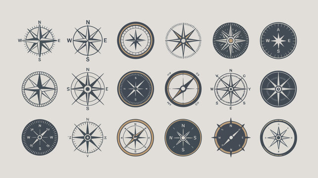 A collection of nine compass rose illustrations are displayed against a light gray background showing variations in style and detail high quality professional detailed modern elegant