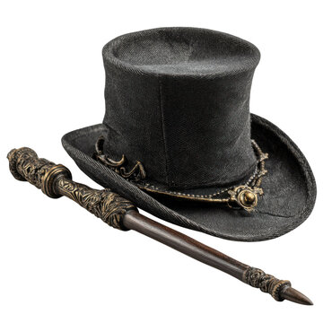 A black top hat and ornate cane on a black background