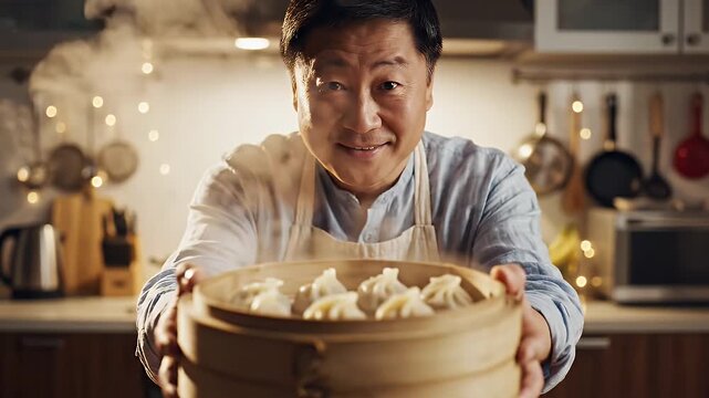Chef Presenting Steaming Dumplings - An Asian chef presents a bamboo steamer full of steaming hot dumplings with a proud smile.