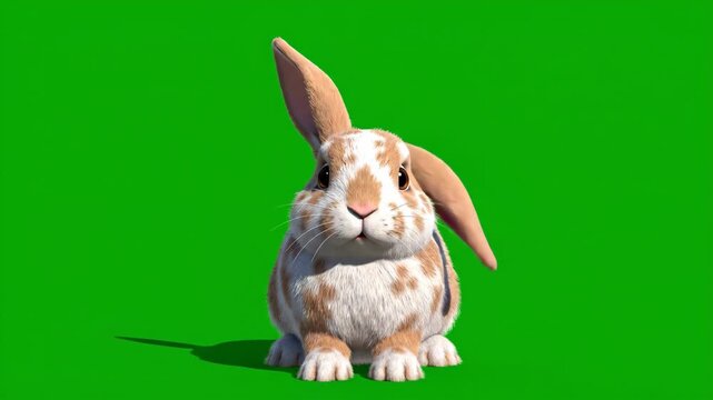 Adorable Brown and White Spotted Rabbit Sits Against a Green Screen Background