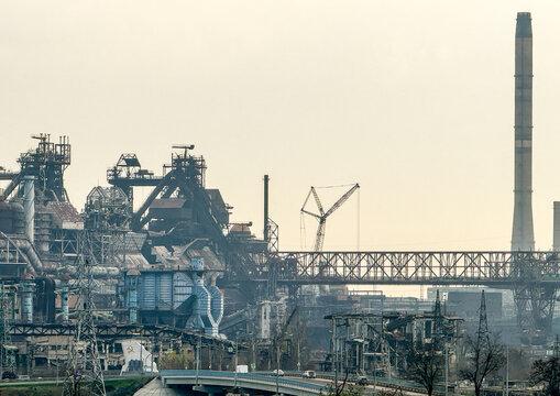 Rusted chimneys and damaged structures at the Azovstal steel works, Donetsk Oblast, Mariupol, Ukraine