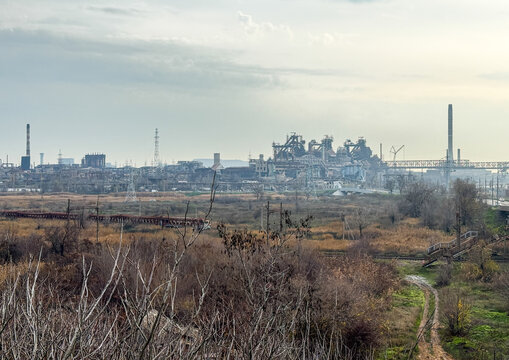 Rusted chimneys and damaged structures at the Azovstal steel works, Donetsk Oblast, Mariupol, Ukraine