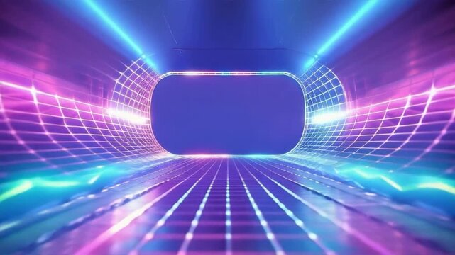 A vibrant and futuristic digital tunnel illuminated by colorful neon lights, creating a mesmerizing light effect.