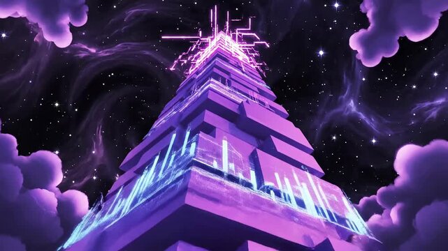 Mystical Futuristic Purple Pyramid Glowing in a Cosmic Sky.