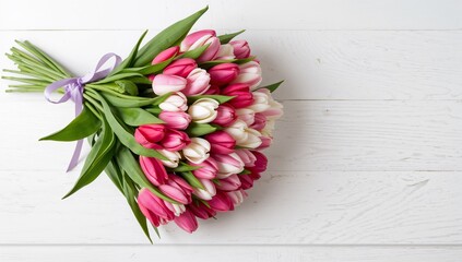 A vibrant bouquet of pink and white tulips tied with a purple ribbon