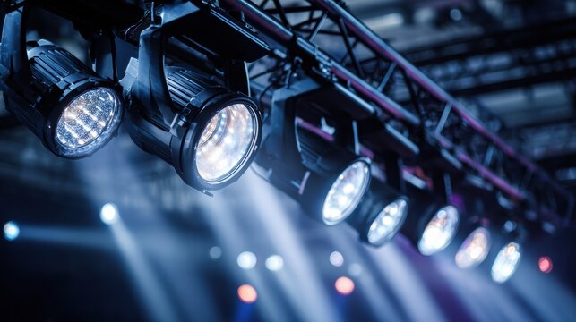 Professionals Set up Stage Lights on Truss for Event Production and Performance in Theater Venue During Evening Hours Before Show Starts