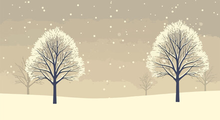 Fototapeta premium Idyllic Winter Scene Illustration with Two Snow-Covered Bare Trees, Gentle Falling Snow, and a Peaceful Muted Tonal Landscape
