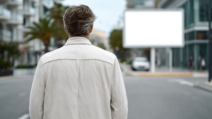 Rear view of mature man standing on city street looking at blank billboard, urban outdoor advertising concept