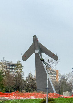 Monument to soviet aviators featuring a mig-17 jet on a pedestal, Donetsk Oblast, Mariupol, Ukraine