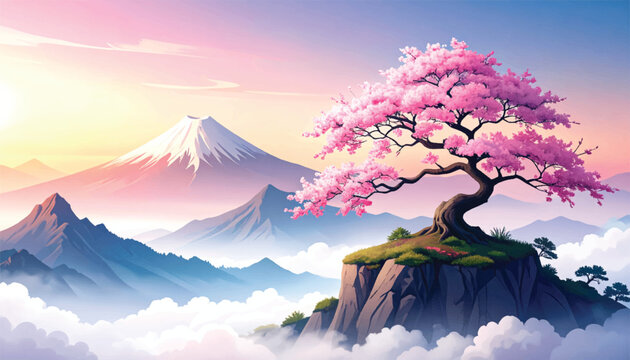Iconic sakura cliff vector for japanese travel branding. Cherry blossom fuji style illustration for tourism media. Timeless spring mountain artwork ideal commercial design
