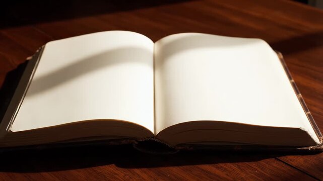 Open Blank Book on Wooden Table - A large, open book with blank pages sits on a polished wooden table.