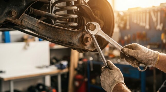 Gloved hands use wrenches to adjust a rusty car suspension component in a sunlit auto repair shop