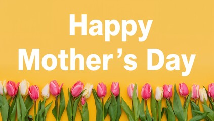 Happy mother s day greeting with pink and white tulips on yellow background