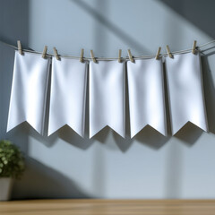 White blank banner hanging on string with clothespins, sunlight casting soft shadows, minimal home decor, peaceful atmosphere