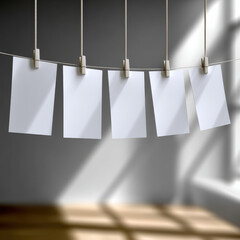 Blank white paper hanging on string with clothespins, sunlight casting shadows on wall, minimalistic and calm interior scene