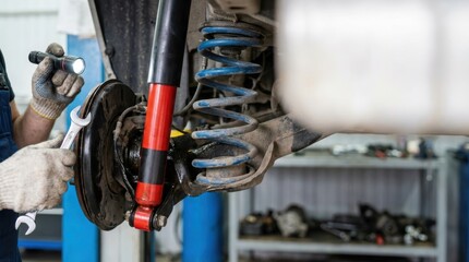 Auto mechanic inspecting vehicle's suspension and braking system with a flashlight and wrench