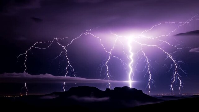 Powerful lightning strikes illuminate the dark night sky with vibrant purple flashes over a silhouetted landscape.