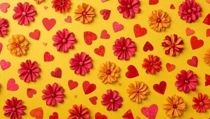 A vibrant pattern of flowers and hearts on a bright yellow background