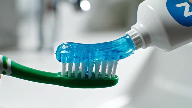 Toothpaste being squeezed onto toothbrush
