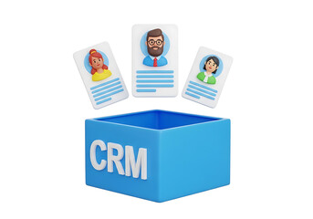 A 3D blue CRM box with customer profile cards emerging from it in a business setting