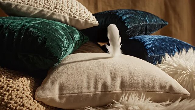 Elegant Pillows and Feather Still Life - A stack of various decorative pillows rests on a fluffy rug, topped with a delicate white feather.