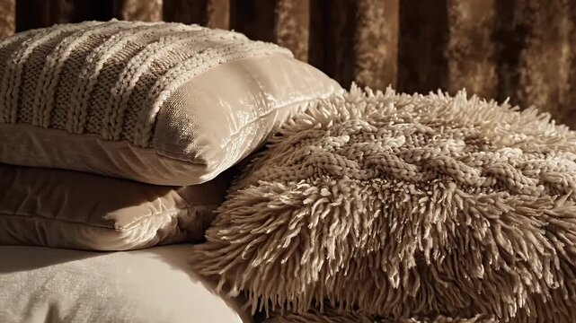 Cozy Textured Cushion Stack - A close-up video of a stack of plush cushions, featuring varied textures and neutral tones.
