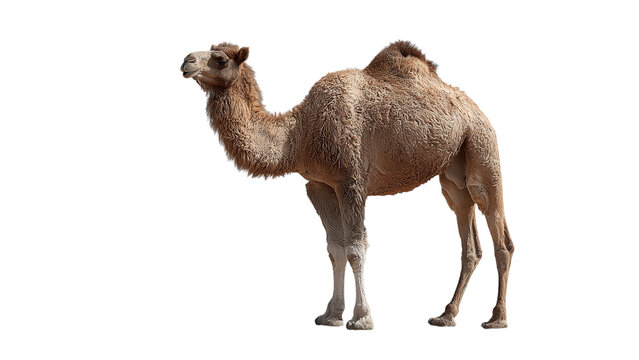 Single brown camel standing gracefully, showcasing its distinctive hump and long legs on a transparent background.
