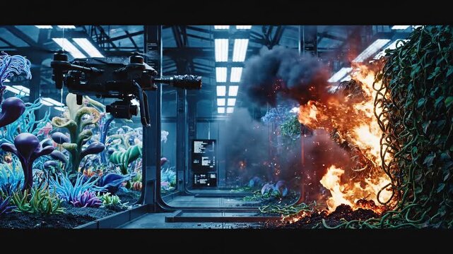 Drone mounted flamethrower in industrial setting with artificial flora