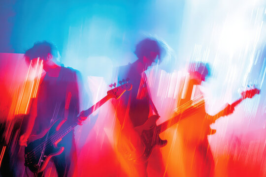Blurry musicians performing on stage with vibrant lights creating dynamic atmosphere. energy of performance is palpable