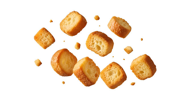 Crunchy croutons floating in air, isolated on white or transparent background. PNG