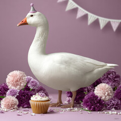 White goose party hat cupcake flower pink purple background, festive animal celebration, cheerful mood