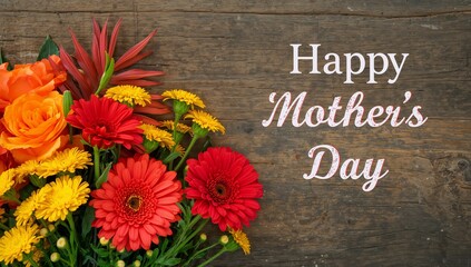A colorful bouquet of flowers with a happy mother s day message