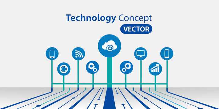 Abstract technology concept with interconnected icons and a digital road