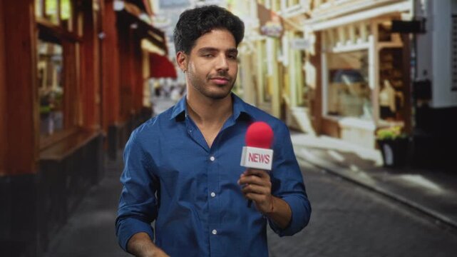 Man holds red microphone with news logo and gestures with hand on street reporting; location confidence.
