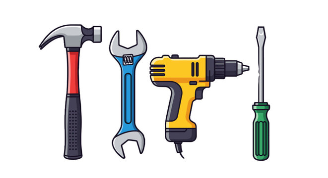 A set of colorful tools including a hammer, wrench, drill, and screwdriver on transparent background