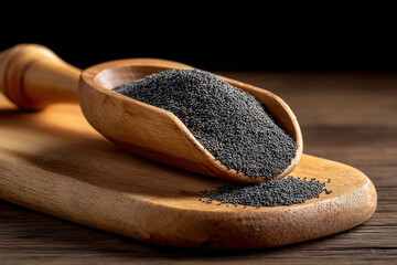 Poppy seed wooden scoop cutting board kitchen ingredient black closeup rustic natural healthy macro food culinary texture organic dry raw spice