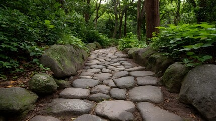 Fototapeta premium A serene stone pathway winds through a lush green forest inviting explo n and tranquility