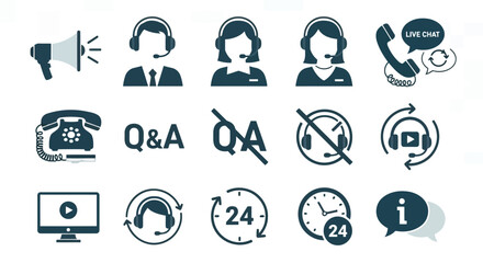 Fototapeta premium Set of modern communication and customer support icons featuring headsets, chat, Q&A, and 24-hour service symbols in flat design style
