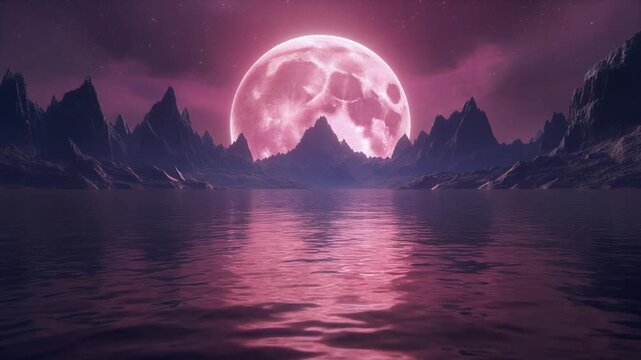Planet mars, a view of a large pink moon glowing over water, mp4 video. AI
