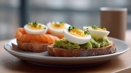 Open faced sandwich with avocado smoked salmon boiled egg chive rustic bread breakfast healthy meal fresh gourmet